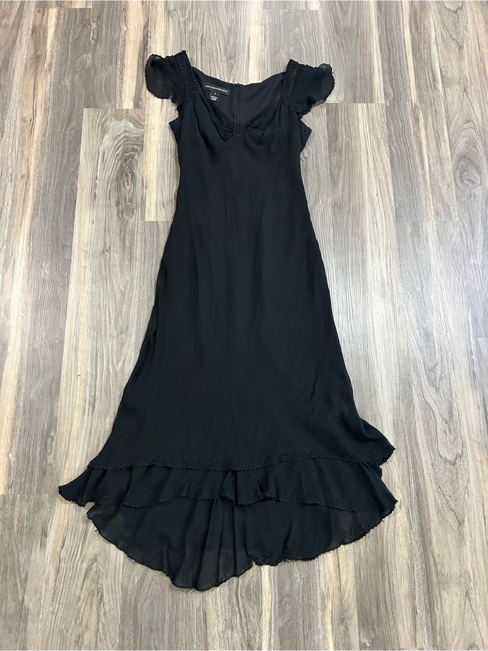 Vintage Black Ruffled Cap-Sleeve Slip Dress